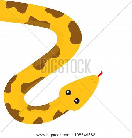 Yellow python snake red tongue. Golden crawling serpent with brown spot. Cute cartoon character. Flat design. Isolated. White background. Vector illustration