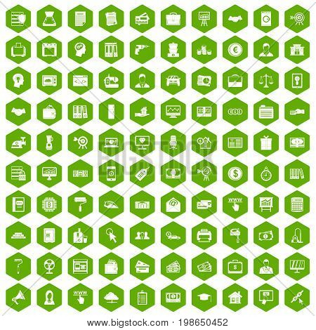 100 lending icons set in green hexagon isolated vector illustration