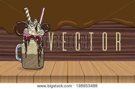 cartoon Style Milkshake with cookies chocolate ice cream and candys. Wooden and chocolate flow background.