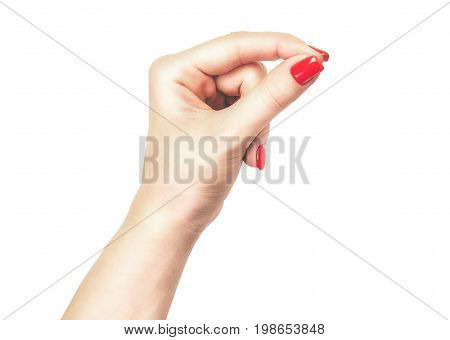 Woman hand with red nails hold virtual business card credit card or blank paper isolated on white background