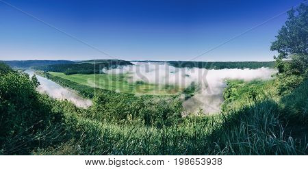 Dnister river landscape in Ternopil region of western Ukraine. Idillyc view from above in the morning. Panorama