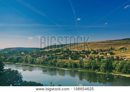 Dnister river landscape in Ternopil region of western Ukraine. Idillyc view to the small villadge