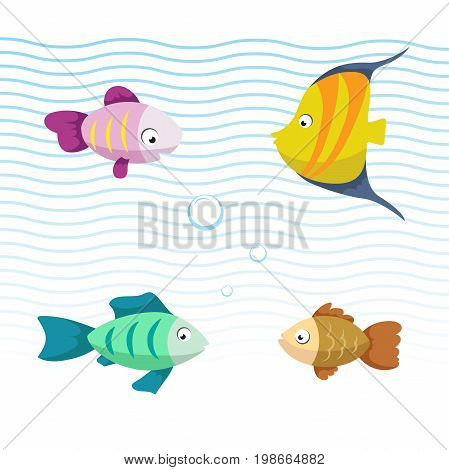 Cute coral reef fishes vector illustration icons set. Collection of funny colorful fish. Vector isolated cartoon marine characters.