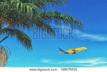Flying yellow airplane up a tall palm tree in a cloudy sky. This is a 3d render illustration