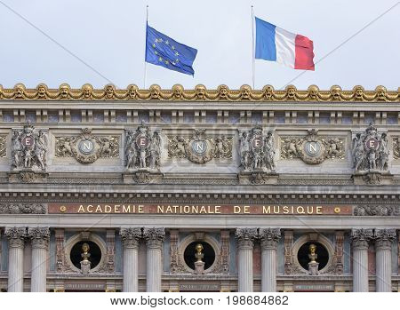 ParisFrance- April 30 2017: Opera Garnier. Between the columns are inscribed busts of great composers among them: Spontini Mozart Beethoven