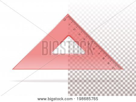 Red plastic transparent triangle. Triangle ruler isolated on a transparent and white background. Rectangular equilateral triangle. Realistic vector illustration