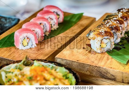 Different array of fresh sushi.food in japan