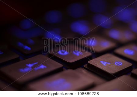 Close Up. Blue Backlight, Backlit On Laptop Or Keyborad Computer Of Gaming In The Dark. Computer Lap