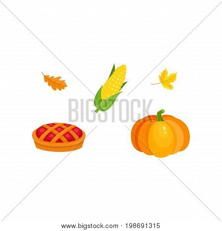 Set of harvest symbols - pumpkin, corn, pie, falling autumn leaves, cartoon vector illustration isolated on white background. Set of harvest, thanksgiving symbols - pumpkin, pie, corn, autumn leaves