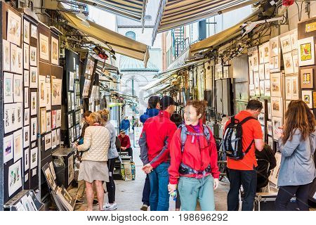 Quebec City Canada - May 29 2017: Old town street called Rue Tresor with shops and people walking