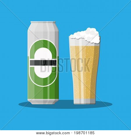 Can of beer with glass. Beer alcohol drink. Vector illustration in flat style