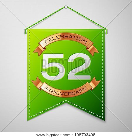 Realistic Green pennant with inscription Fifty two Years Anniversary Celebration Design on grey background. Golden ribbon. Colorful template elements for your birthday party. Vector illustration
