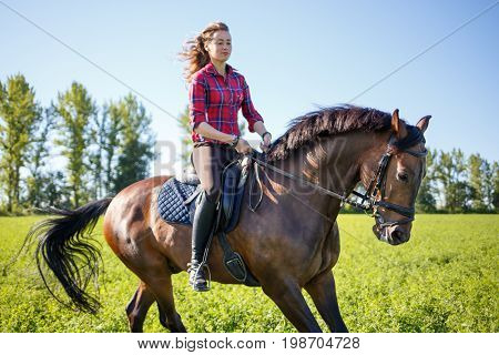 Happy young woman galloping horseback on field and enjoying feeling of freedom