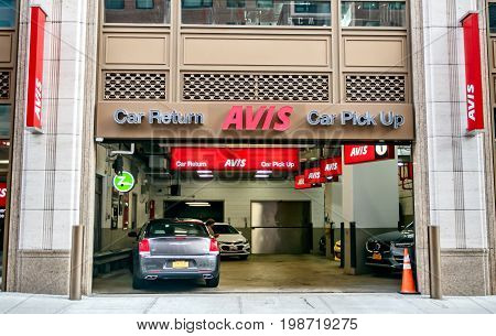 New York August 3 2017: Avis rental car branch in Manhattan.