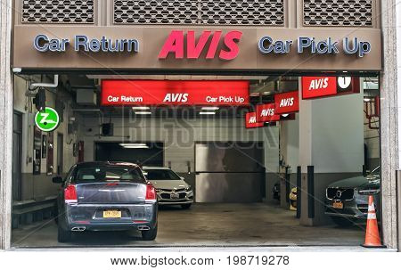 New York August 3 2017: Avis rental car branch in Manhattan.