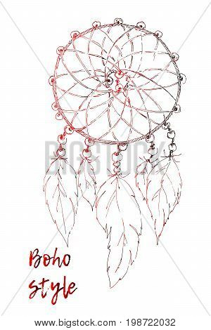 Drawing of a floral mandala in ethnic tribal stile with dreamcatcher, feathers, black line art on white background. Hand drawn vector stock illustration
