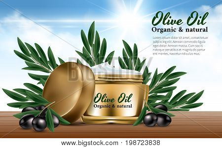 Realistic Gold Women Jar Cream for Face Branch black olives. Olive Oil. Excellent Advertising. Bottle Mockup Dazzling Background. Contained in Glass. Cosmetic Design Product. 3D Vector Illustration.