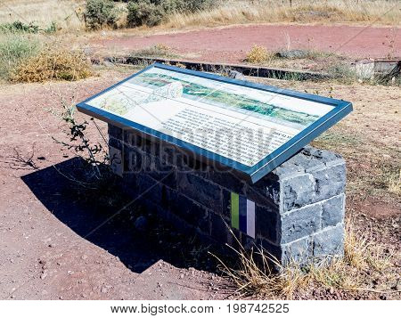Golan Heights near to Qatsrin city Israel July 29 2017 : The explanatory stand on which the map is drawn is on a hill in the Golan Heights in Israel