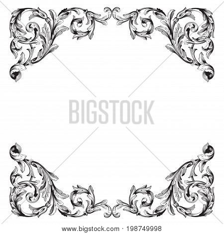 Vintage baroque frame scroll ornament engraving border floral retro pattern antique style acanthus foliage swirl decorative design element filigree calligraphy vector | damask - stock vector