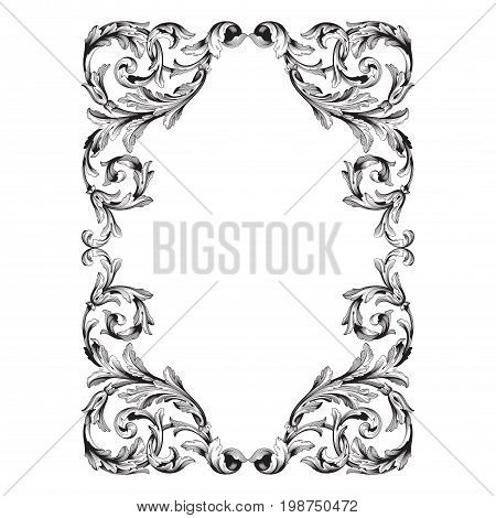 Vintage baroque frame scroll ornament engraving border floral retro pattern antique style acanthus foliage swirl decorative design element filigree calligraphy vector | damask - stock vector
