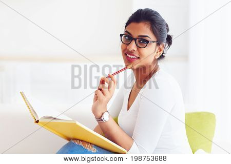 Beautiful Young Indian Girl, Student With Book, Studying