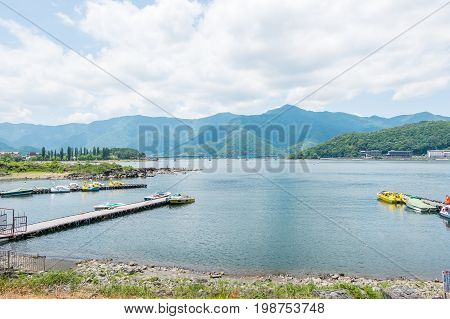lake kawaguchi view from boat pier for background