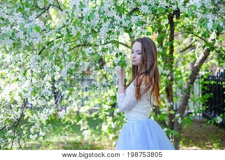 Beautiful woman in the garden of apple