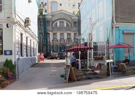 MOSCOW - AUGUST 7: Buildings reconstruction in Stoleshnikov Lane on August 7 2017 in Moscow. Stoleshnikov Lane is pedestrian street in center of Moscow.