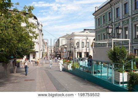 MOSCOW - AUGUST 7: View on Stoleshnikov Lane towards Bolshaya Dmitrovka Street on August 7 2017 in Moscow. Stoleshnikov lane is pedestrian street in center of Moscow.