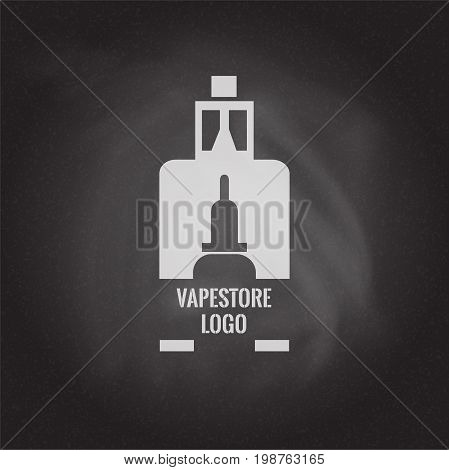 Vape store logo template design on the blackboard background. E-cigarette and e-liquid bottle stamp or T-shirt print. Stock vector