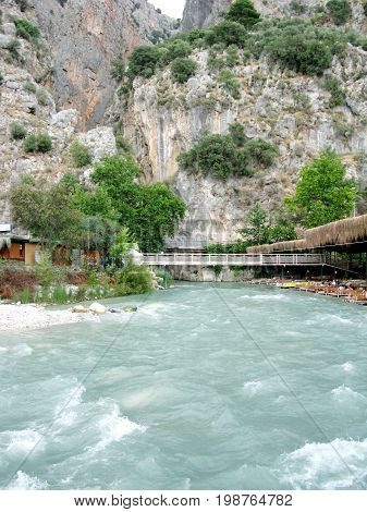 view inside saklikent canyon turkey with bridge over river