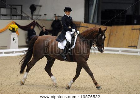 KAPOSVAR, Hungría - 11 de octubre: Patricia Szeredy y su caballo (Labiano) en acción en la doma W