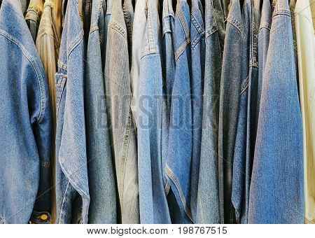 Jeans jecket hanging on Hanger blue color