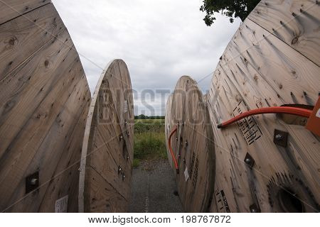 Laesoe Denmark - July 27 2017: Fiber optic cable for fast internet ready to dig down on Laesoe island in Kattegat Sea Denmark.