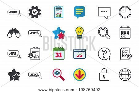 Top-level internet domain icons. Com, Eu, Net and Org symbols with cursor pointer. Unique DNS names. Chat, Report and Calendar signs. Stars, Statistics and Download icons. Question, Clock and Globe