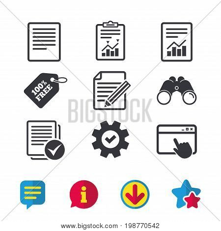 File document icons. Document with chart or graph symbol. Edit content with pencil sign. Select file with checkbox. Browser window, Report and Service signs. Binoculars, Information and Download icons