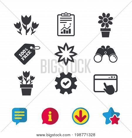 Flowers icons. Bouquet of roses symbol. Flower with petals and leaves in a pot. Browser window, Report and Service signs. Binoculars, Information and Download icons. Stars and Chat. Vector