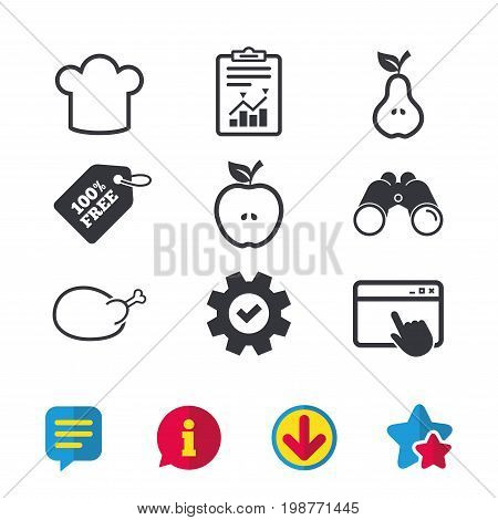 Food icons. Apple and Pear fruits with leaf symbol. Chicken hen bird meat sign. Chef hat icons. Browser window, Report and Service signs. Binoculars, Information and Download icons. Stars and Chat
