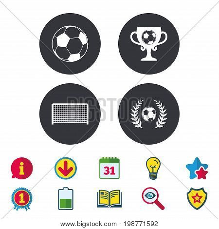 Football icons. Soccer ball sport sign. Goalkeeper gate symbol. Winner award cup and laurel wreath. Calendar, Information and Download signs. Stars, Award and Book icons. Light bulb, Shield and Search