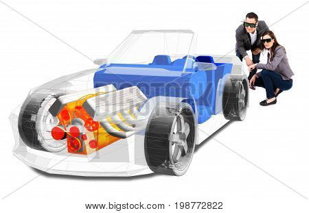 engineers wearing 3d virtual-reality glasses, looking at a 3d model of a car in a virtual reality lab