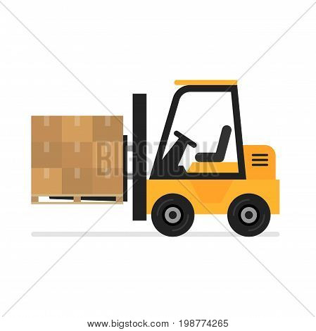 Forklift flat vector icon. Illustration of forklift truck is raising a pallet.