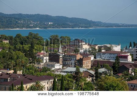 Day aerial cityscape of Sukhum downtown, Abkhazia in summer, Black sea coast