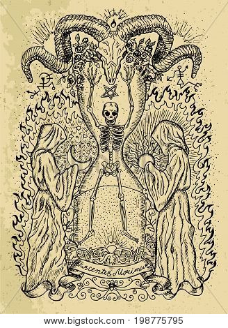 Mystic drawing with human skeleton, monks, devils head and spiritual symbols on texture background. Occult illustration. Latin text Nascentes Morimur means From the moment we are born we begin to die