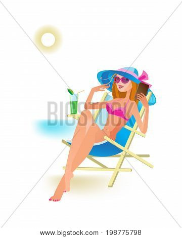 Summer travel and vacation. Beautiful girl, resting and sunbathing on beach, drinking a cocktail, making selfie on the background of the sea and the bright sun. Selfi photo. Vector illustration