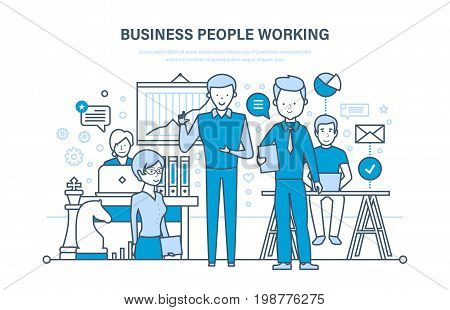 Business people working. Working group, meeting colleagues, partners, teamwork and cooperation, collaboration, association, workplace. Illustration thin line design of vector doodles