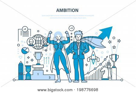Ambition, success in work, achievement, growth on the work and education, leadership, communication, control and management, start-up. Illustration thin line design of vector doodles.
