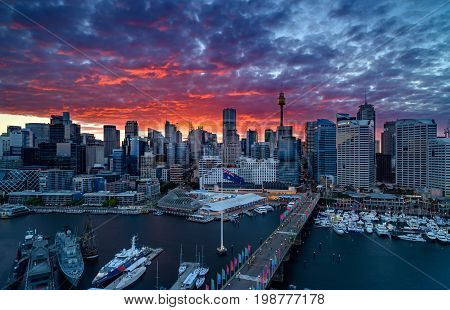 SYDNEY AUSTRALIA - August 7 2017 : Sunrise of Darling Harbour adjacent to the city center of Sydney and also a recreational place in Sydney central business district