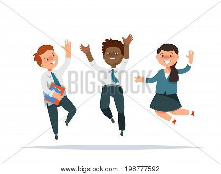 Vector illustration happy group elementary school boy and girl jumping isolated cartoon style. The design concept back to school