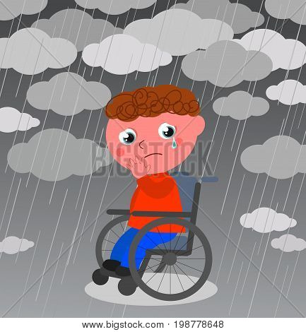 Crying disabled kid under the rain, vector illustration