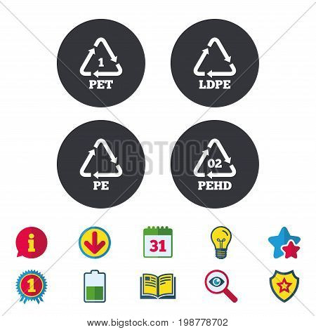 PET, Ld-pe and Hd-pe icons. High-density Polyethylene terephthalate sign. Recycling symbol. Calendar, Information and Download signs. Stars, Award and Book icons. Light bulb, Shield and Search. Vector